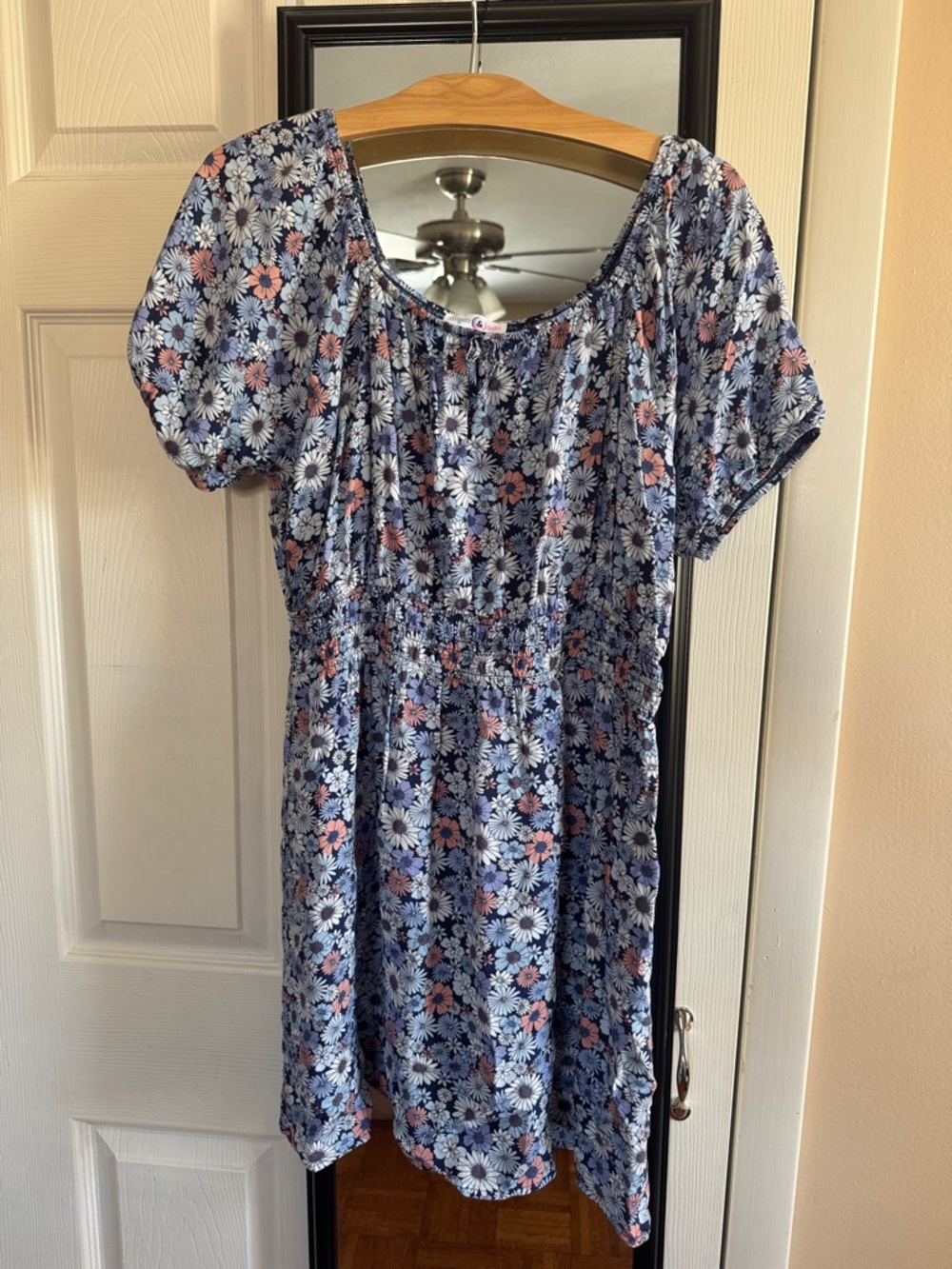 Girls' Blue Floral Puff-Sleeve Casual Dress with Pink Accents